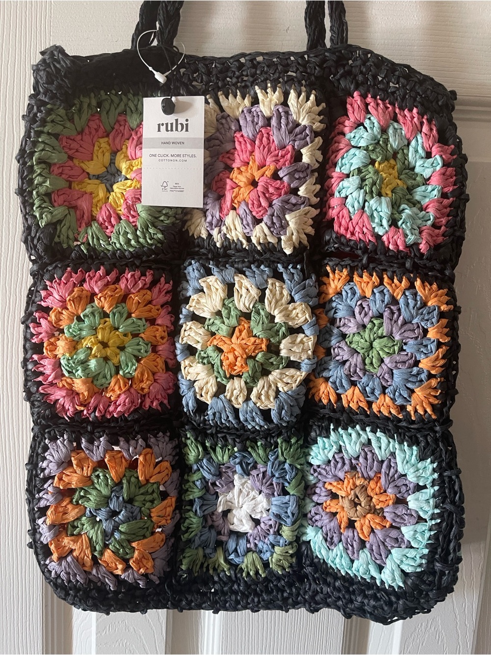 Multicolor Crochet Square Tote Bag with Black Trim NWT - Picture 2 of 7